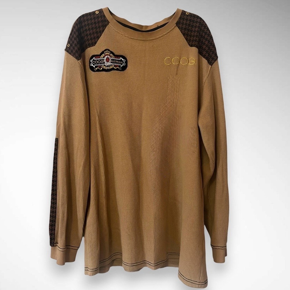Vintage COOGI Australia Waffle Knit Thermal Long Sleeve Shirt Size XXL Tan Y2K